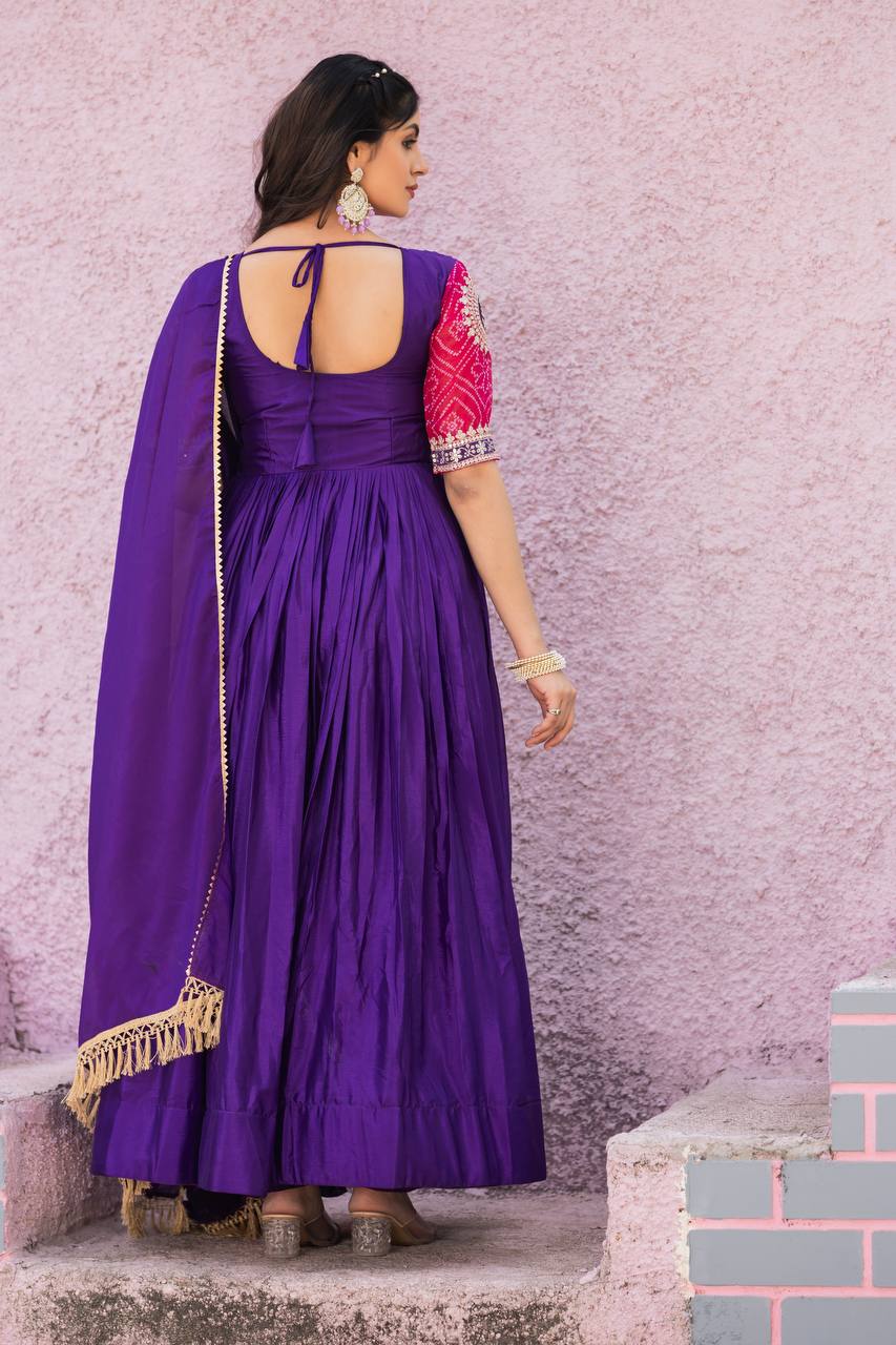 Elegant Royal Blue Color Pure Chinon With Pure Bandhrej Work Beautiful Gown