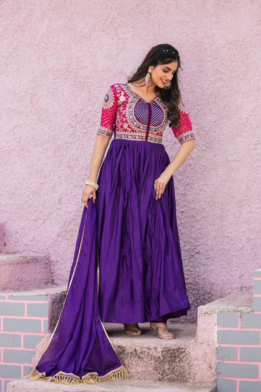 Elegant Royal Blue Color Pure Chinon With Pure Bandhrej Work Beautiful Gown