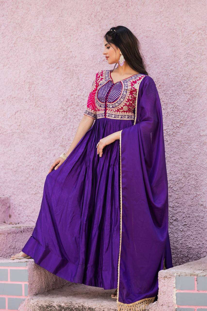 Elegant Royal Blue Color Pure Chinon With Pure Bandhrej Work Beautiful Gown