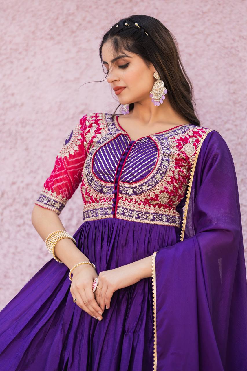 Elegant Royal Blue Color Pure Chinon With Pure Bandhrej Work Beautiful Gown
