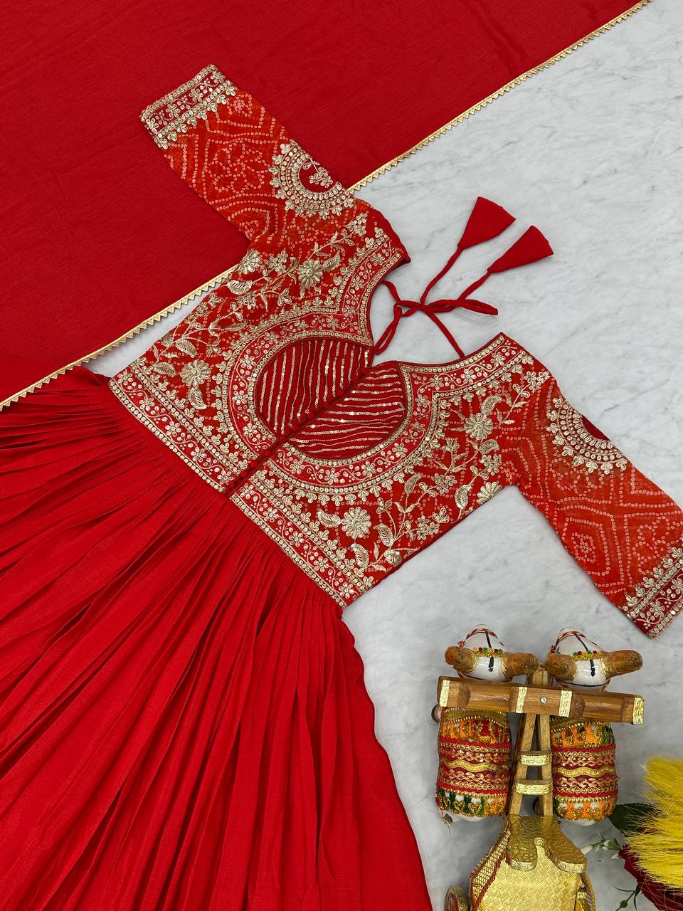 Elegant Red Color Pure Chinon With Pure Bandhrej Work Beautiful Gown