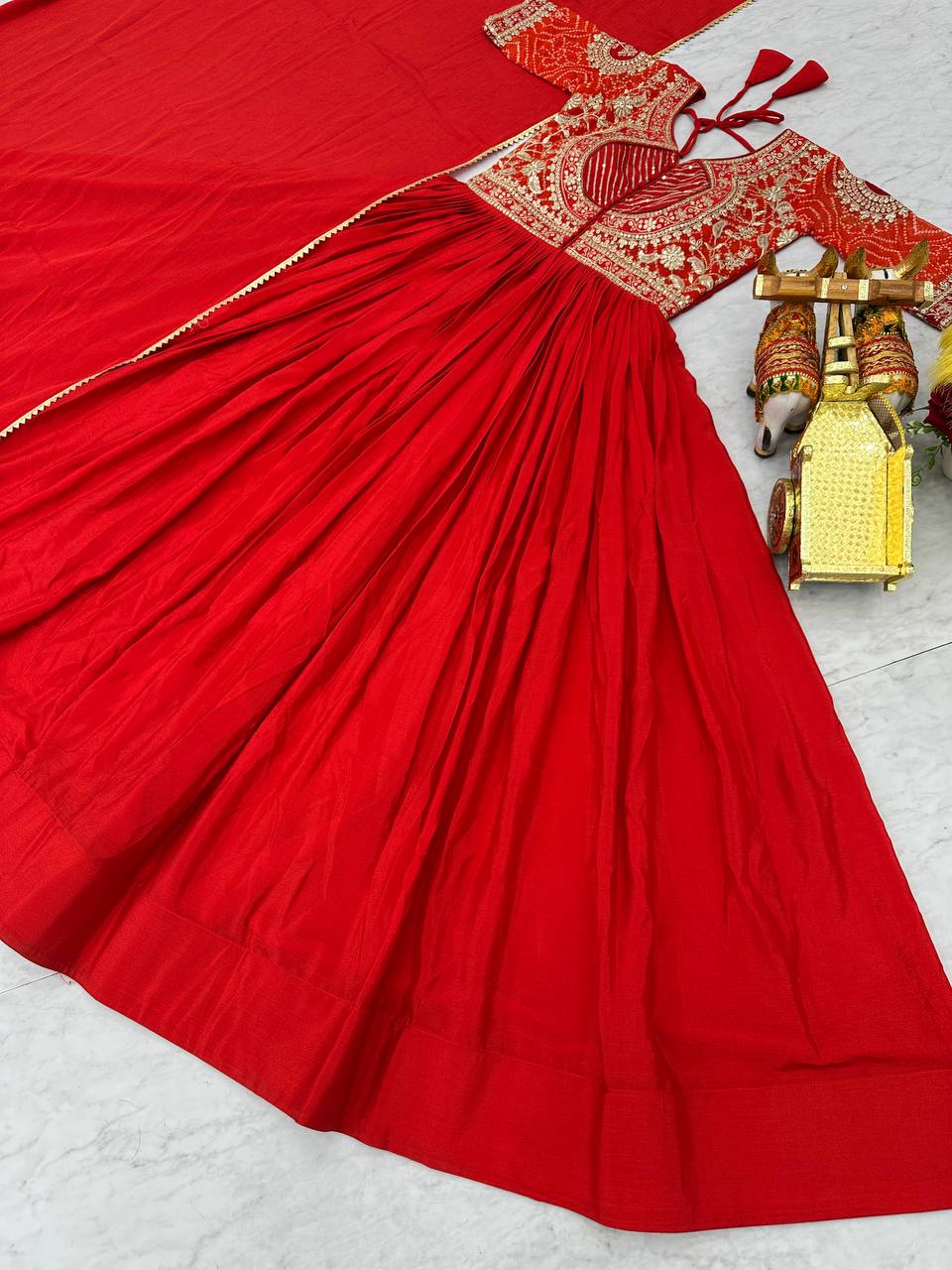 Elegant Red Color Pure Chinon With Pure Bandhrej Work Beautiful Gown