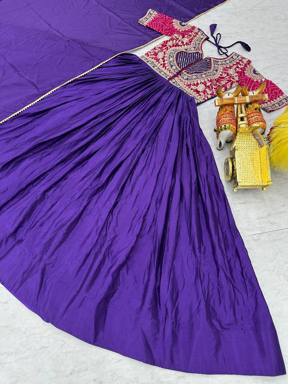 Elegant Royal Blue Color Pure Chinon With Pure Bandhrej Work Beautiful Gown