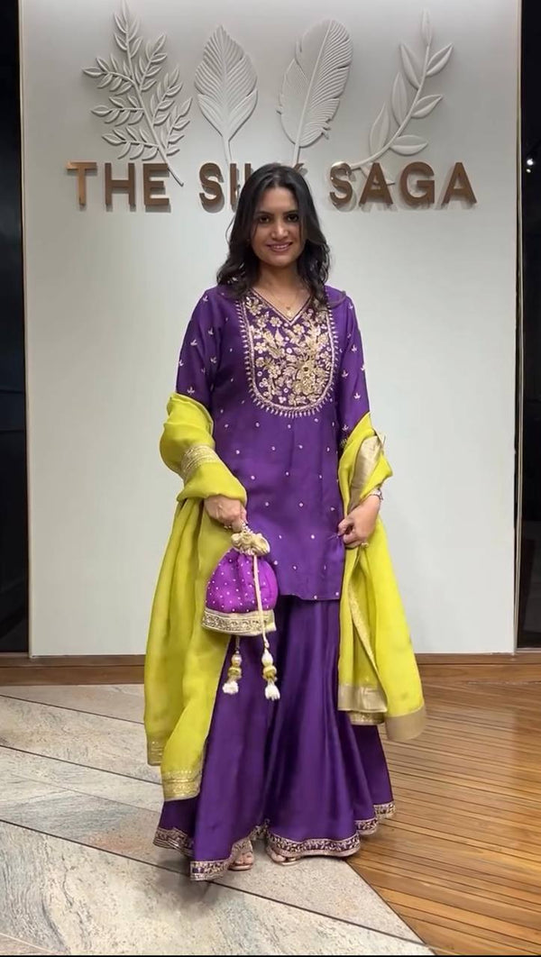Function Wear Purple Color Heavy Pure Chinon Silk With 5mm Embroidery Sequence Work Palazzo Suit