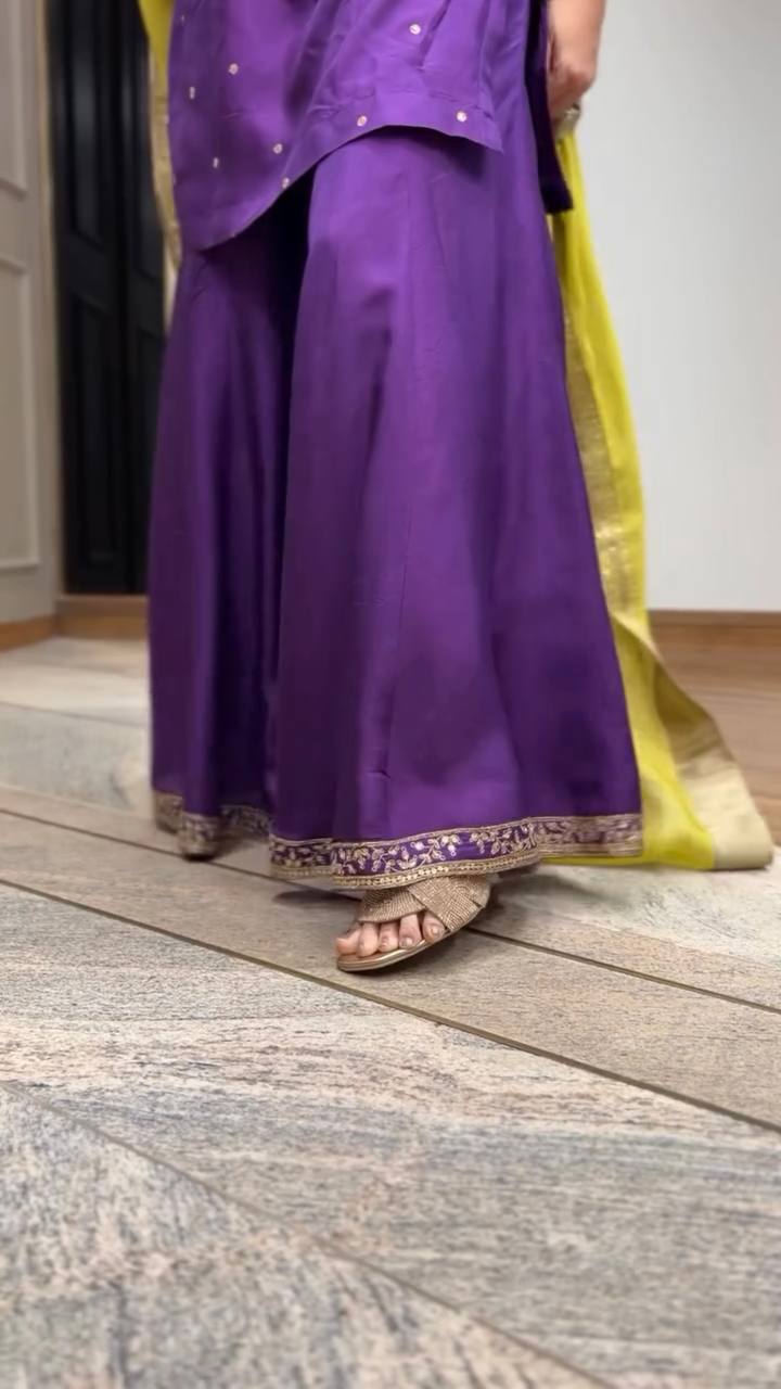 Function Wear Purple Color Heavy Pure Chinon Silk With 5mm Embroidery Sequence Work Palazzo Suit