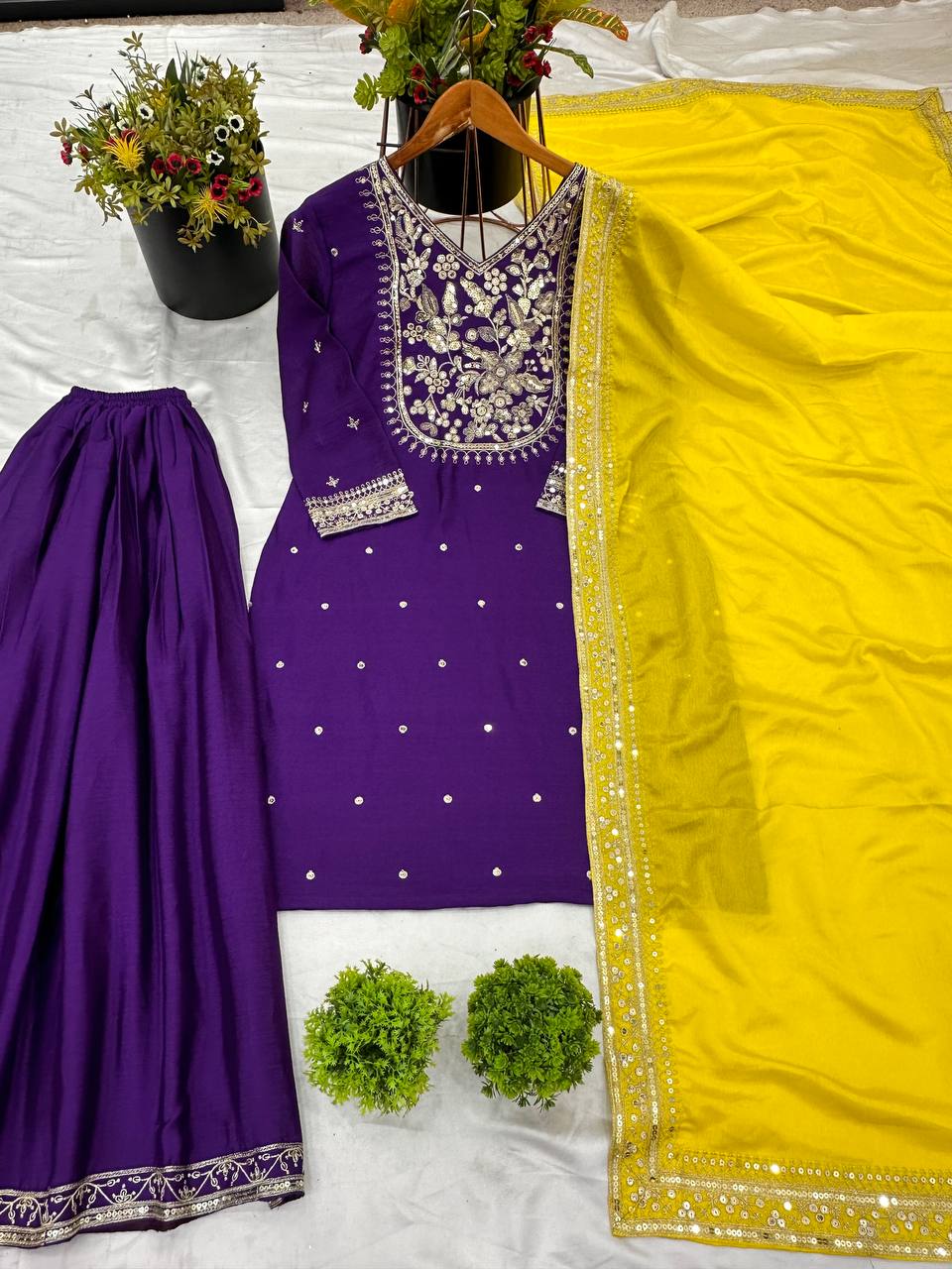 Function Wear Purple Color Heavy Pure Chinon Silk With 5mm Embroidery Sequence Work Palazzo Suit