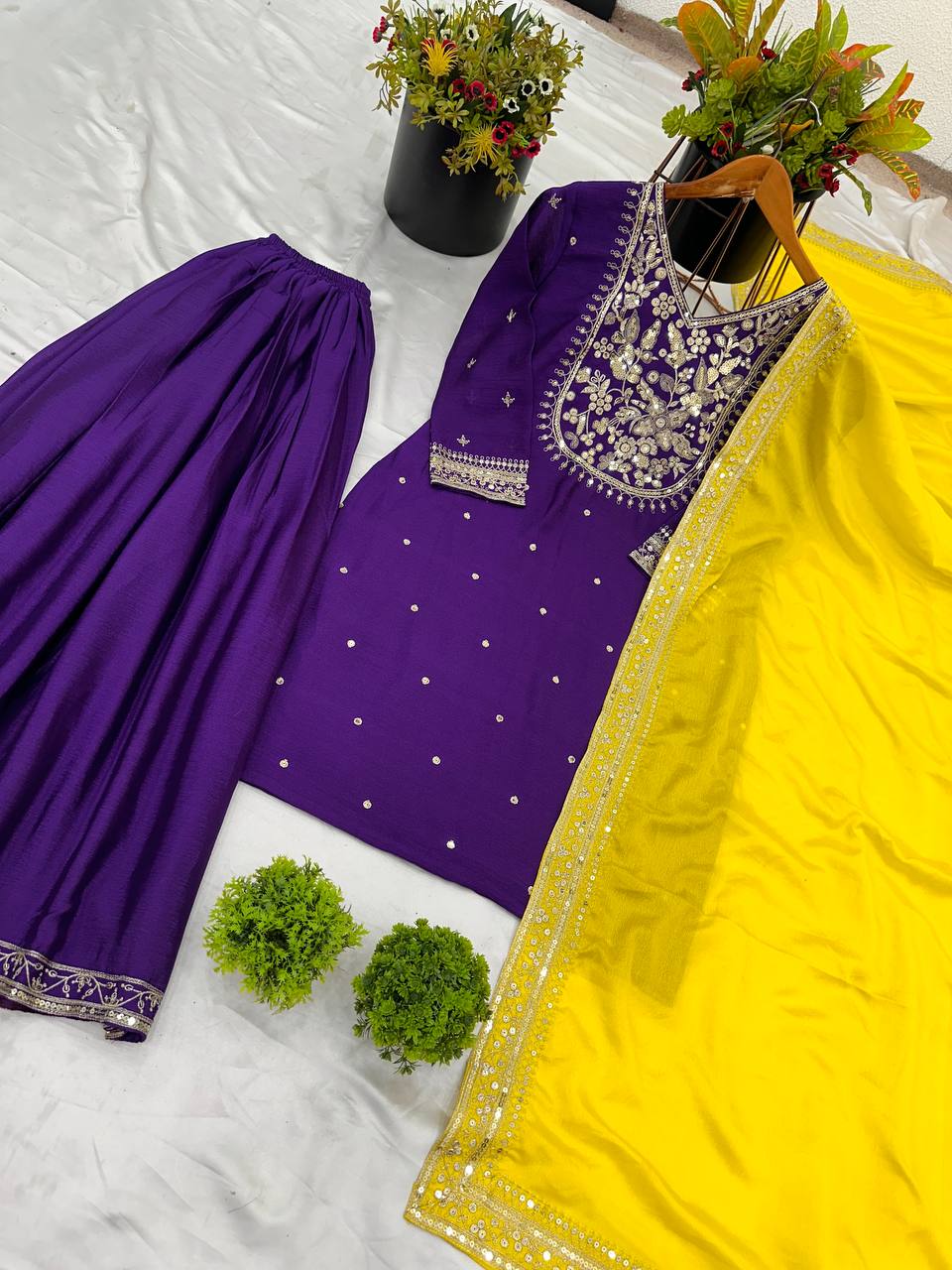 Function Wear Purple Color Heavy Pure Chinon Silk With 5mm Embroidery Sequence Work Palazzo Suit
