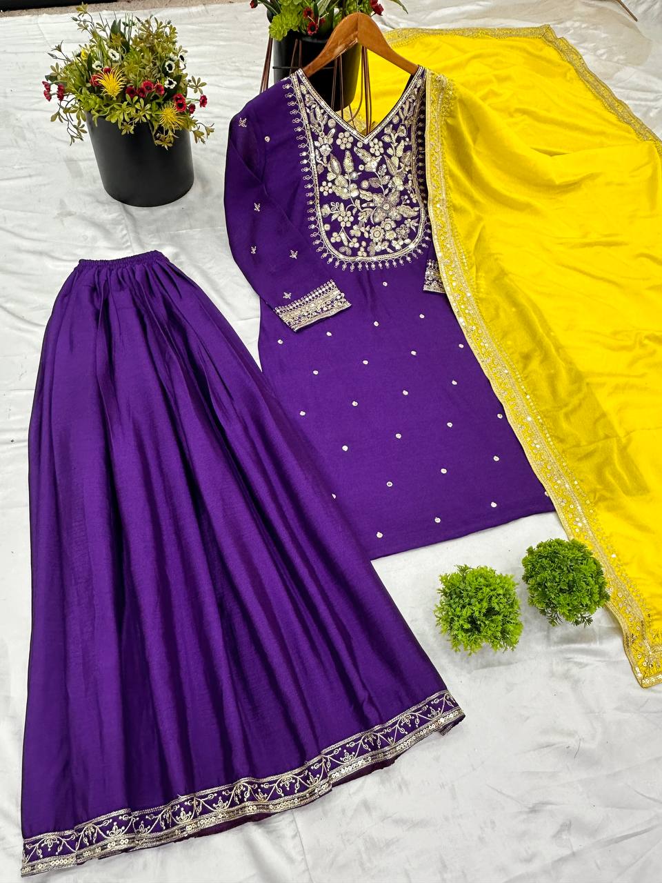 Function Wear Purple Color Heavy Pure Chinon Silk With 5mm Embroidery Sequence Work Palazzo Suit