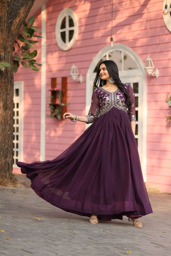 Fantastic Wine Color Faux Georgette With Sequence Work Beautiful Gown