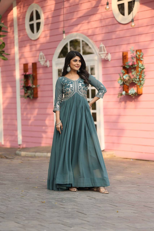 Fantastic Auqa Green Color Faux Georgette With Sequence Work Beautiful Gown