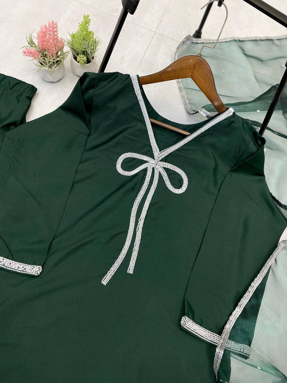 Function Wear Green Color French Crepe With Beads Work Designer Salwar Suit