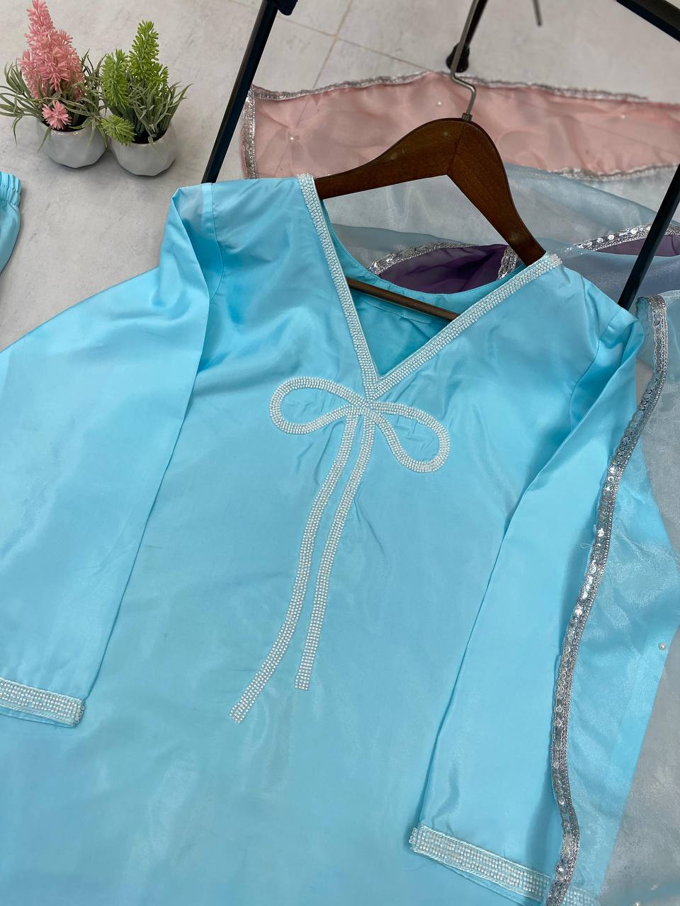 Function Wear Sky Color French Crepe With Beads Work Designer Salwar Suit