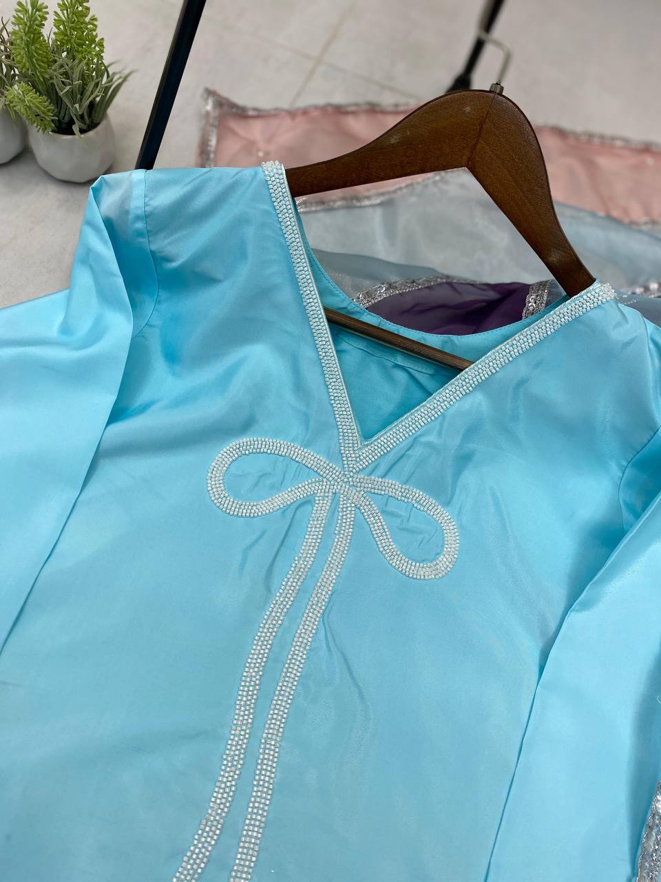 Function Wear Sky Color French Crepe With Beads Work Designer Salwar Suit