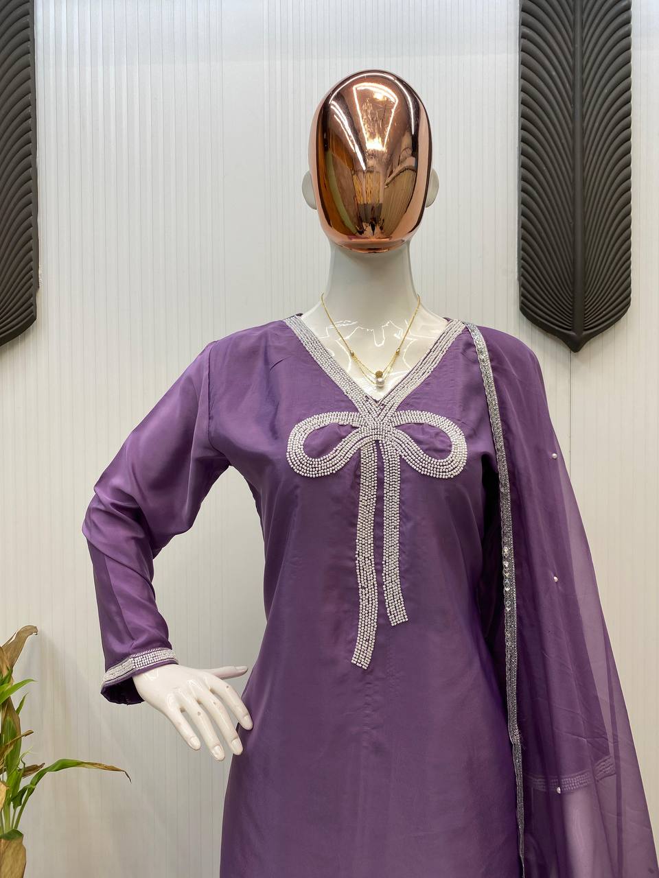 Function Wear Lavender Color French Crepe With Beads Work Designer Salwar Suit