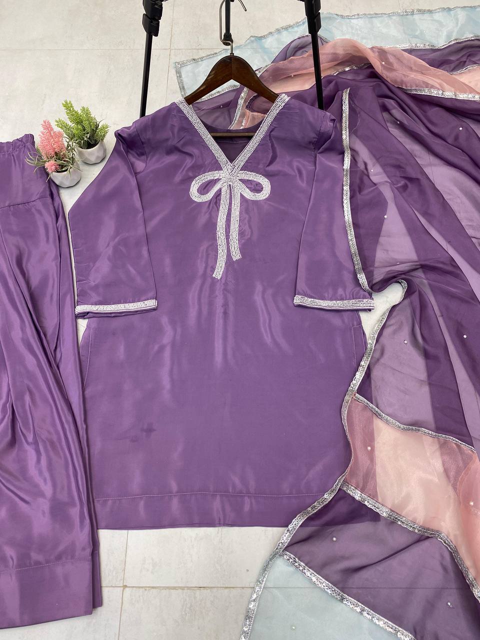 Function Wear Lavender Color French Crepe With Beads Work Designer Salwar Suit