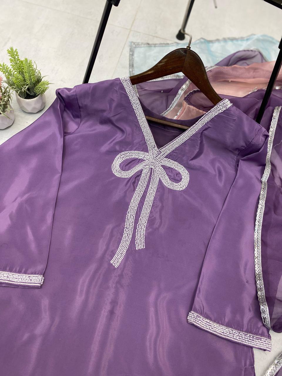 Function Wear Lavender Color French Crepe With Beads Work Designer Salwar Suit