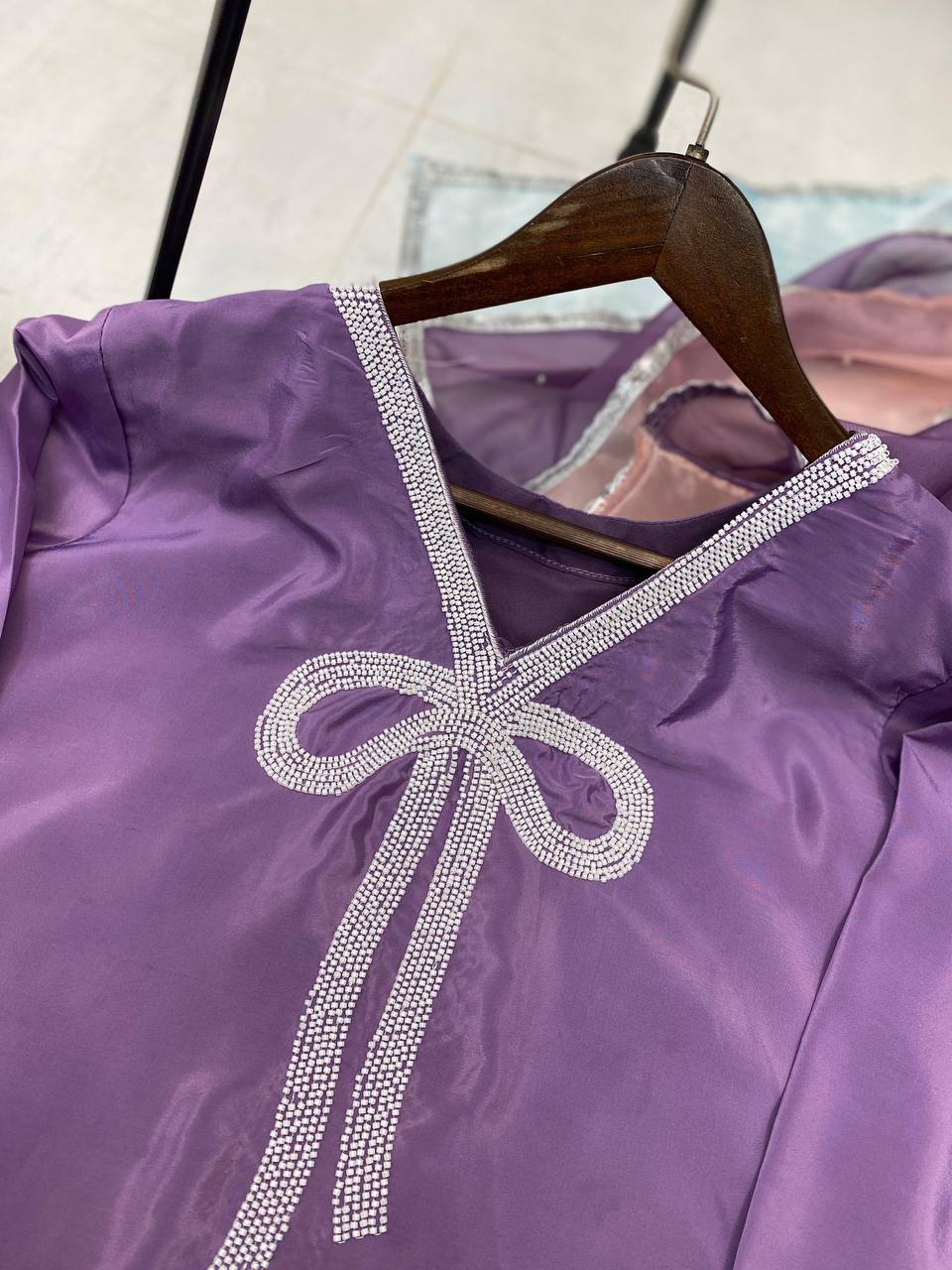 Function Wear Lavender Color French Crepe With Beads Work Designer Salwar Suit