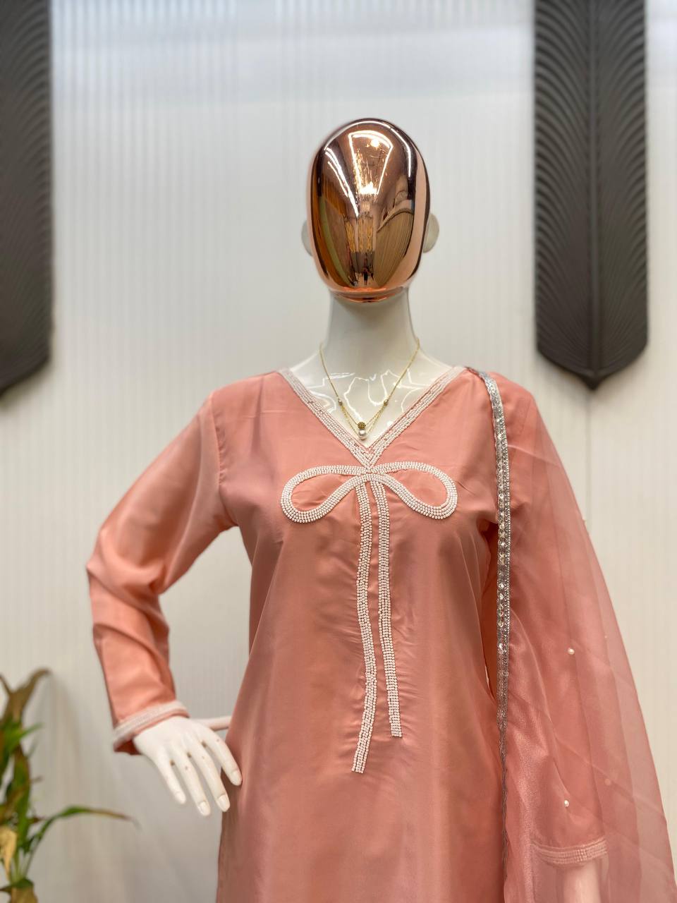 Function Wear Peach Color French Crepe With Beads Work Designer Salwar Suit