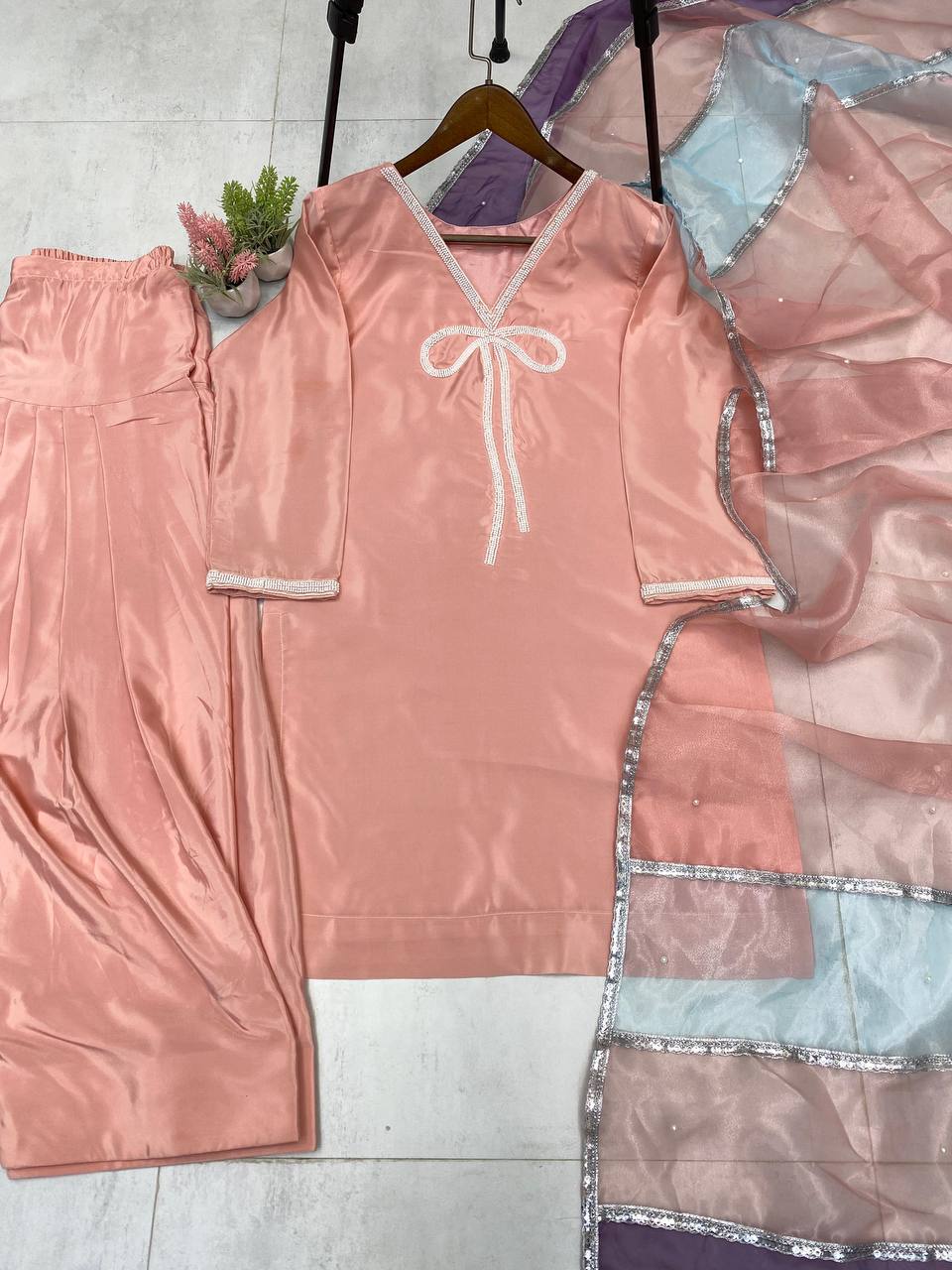 Function Wear Peach Color French Crepe With Beads Work Designer Salwar Suit