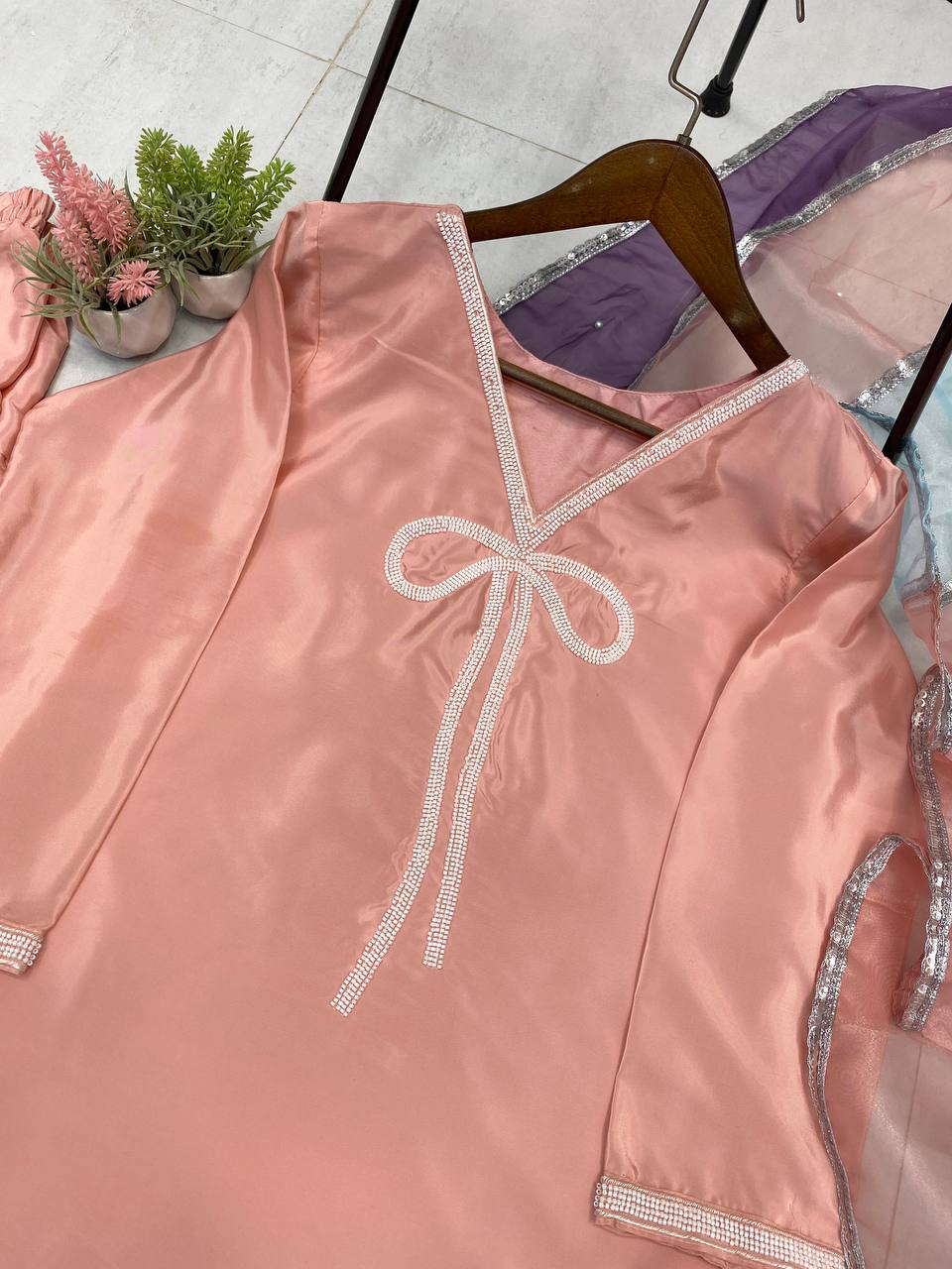 Function Wear Peach Color French Crepe With Beads Work Designer Salwar Suit