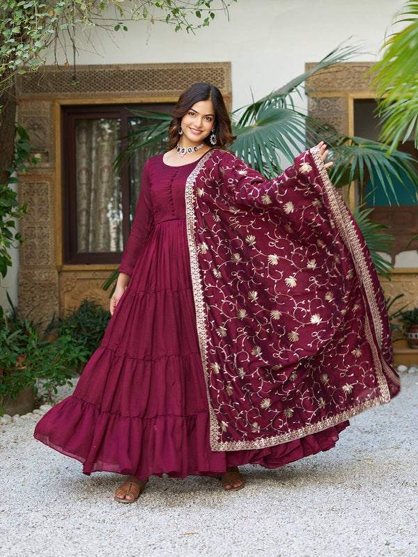 Occasion Wear Wine Color Pure Vichitra Silk Designer Gown