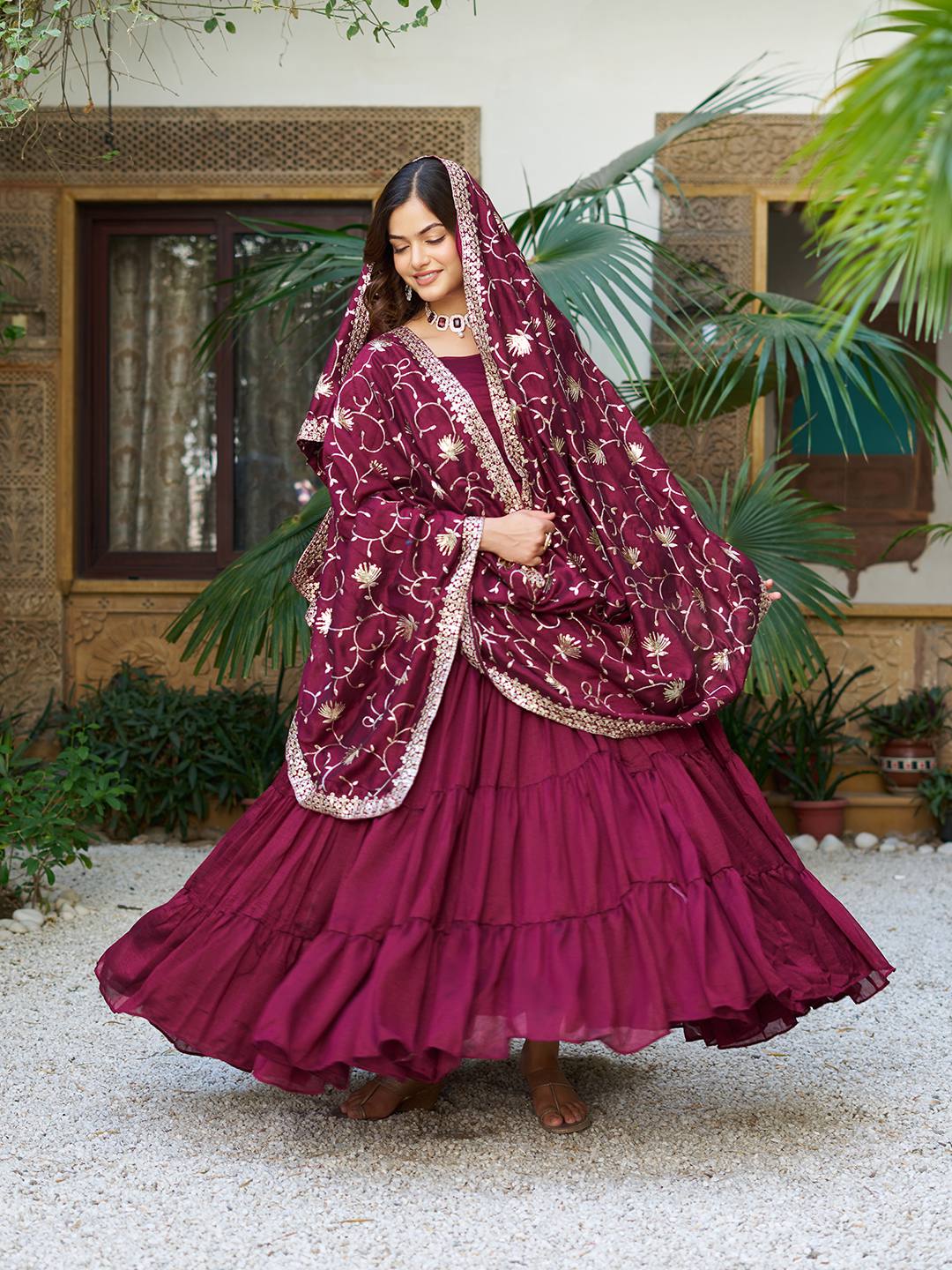 Occasion Wear Wine Color Pure Vichitra Silk Designer Gown