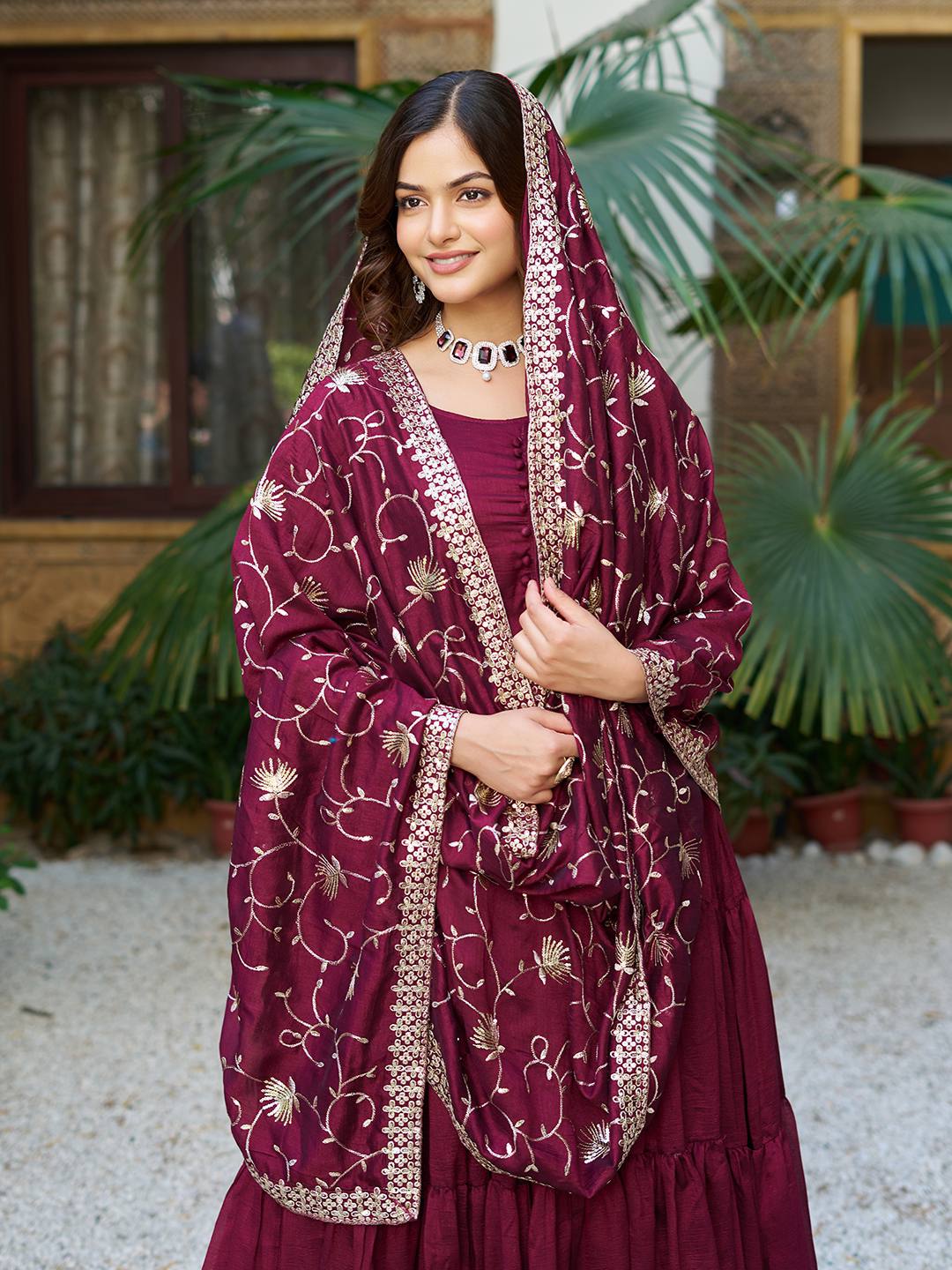 Occasion Wear Wine Color Pure Vichitra Silk Designer Gown