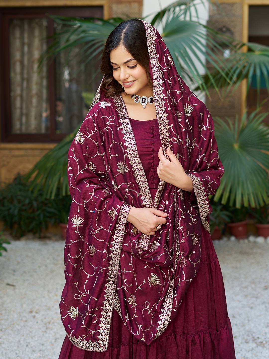 Occasion Wear Wine Color Pure Vichitra Silk Designer Gown