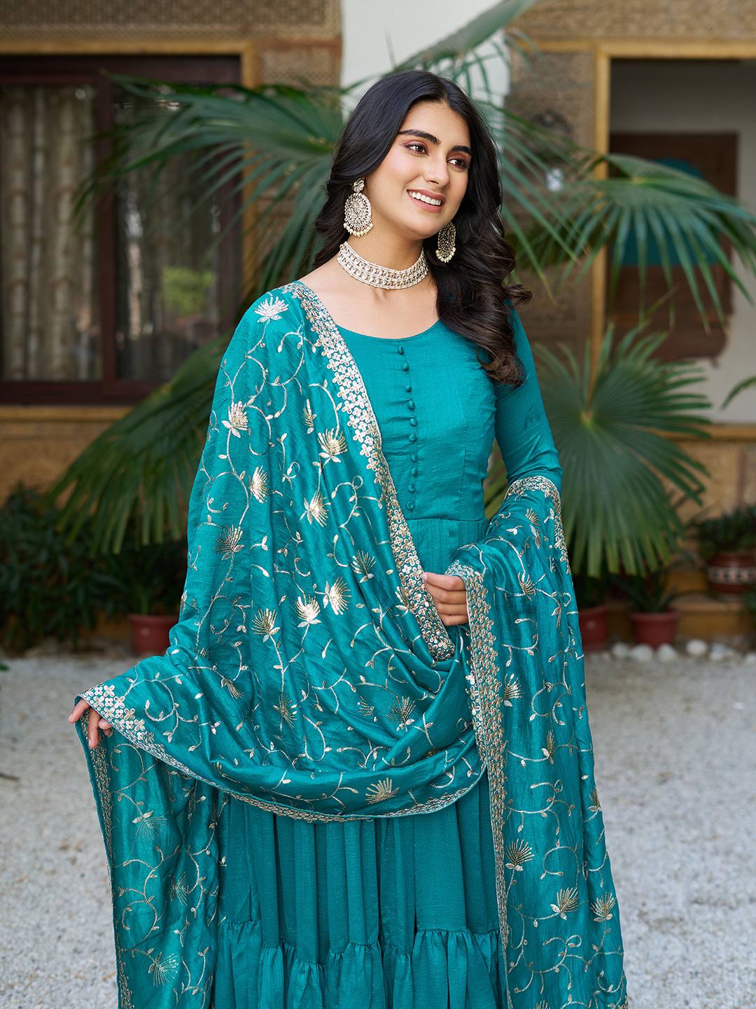 Occasion Wear Sky Green Color Pure Vichitra Silk Designer Gown