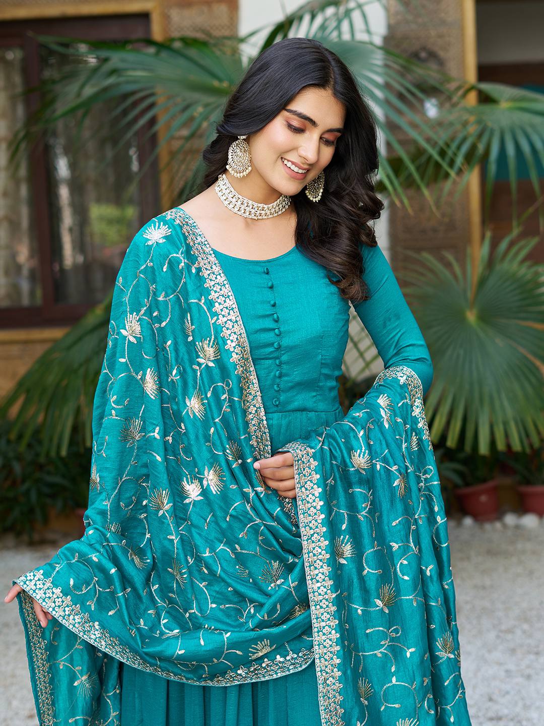 Occasion Wear Sky Green Color Pure Vichitra Silk Designer Gown