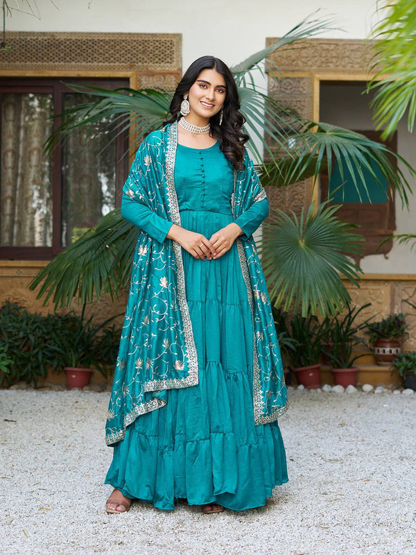 Occasion Wear Sky Green Color Pure Vichitra Silk Designer Gown