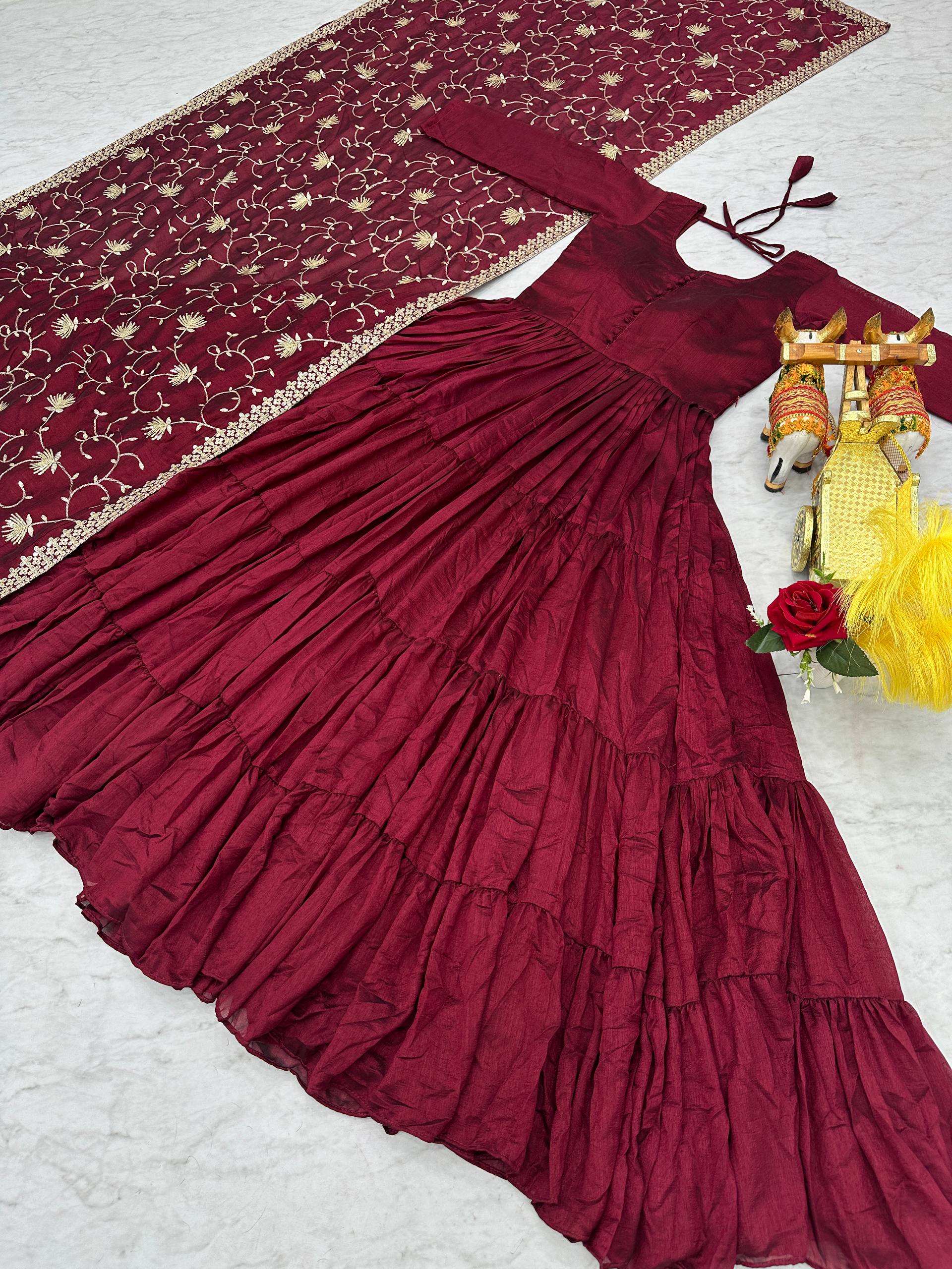 Occasion Wear Wine Color Pure Vichitra Silk Designer Gown