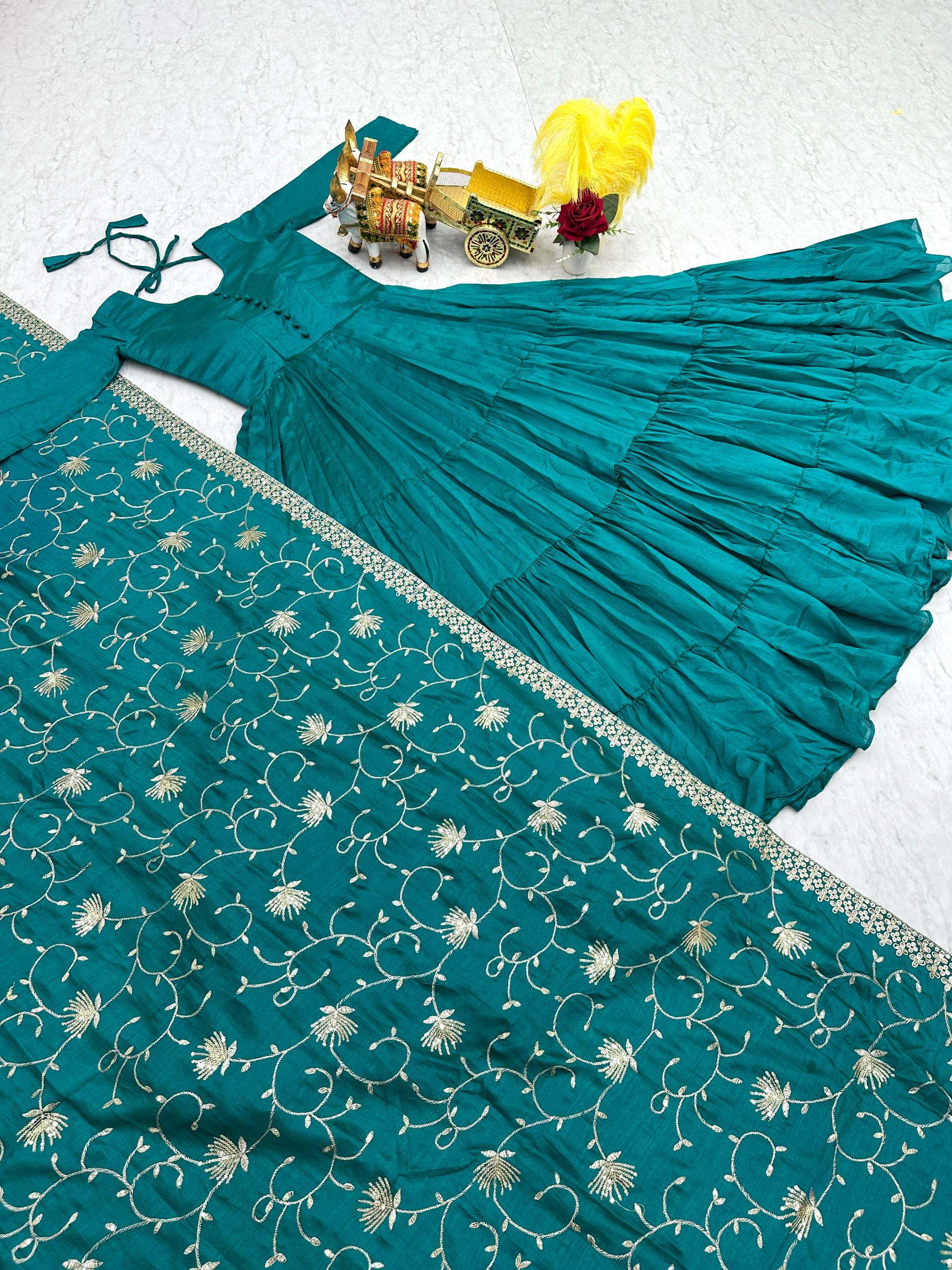 Occasion Wear Sky Green Color Pure Vichitra Silk Designer Gown