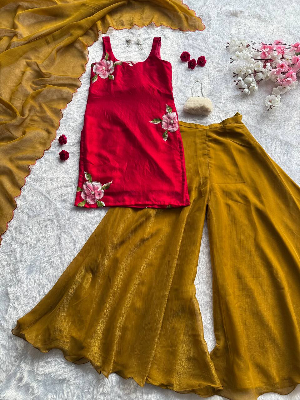 Wedding Wear Mustard Color Hand Painted Fendy Silk Palazzo Set