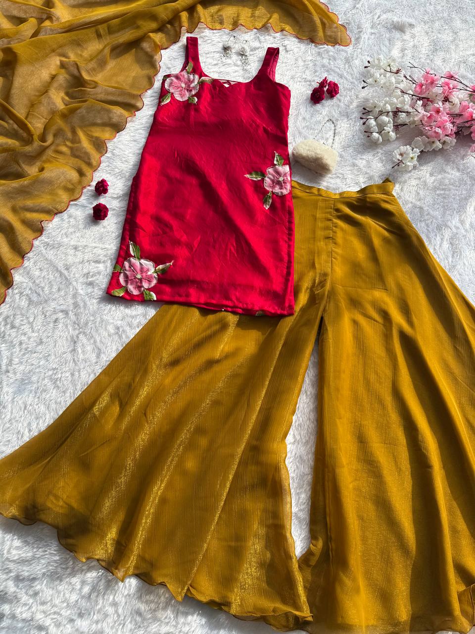 Wedding Wear Mustard Color Hand Painted Fendy Silk Palazzo Set