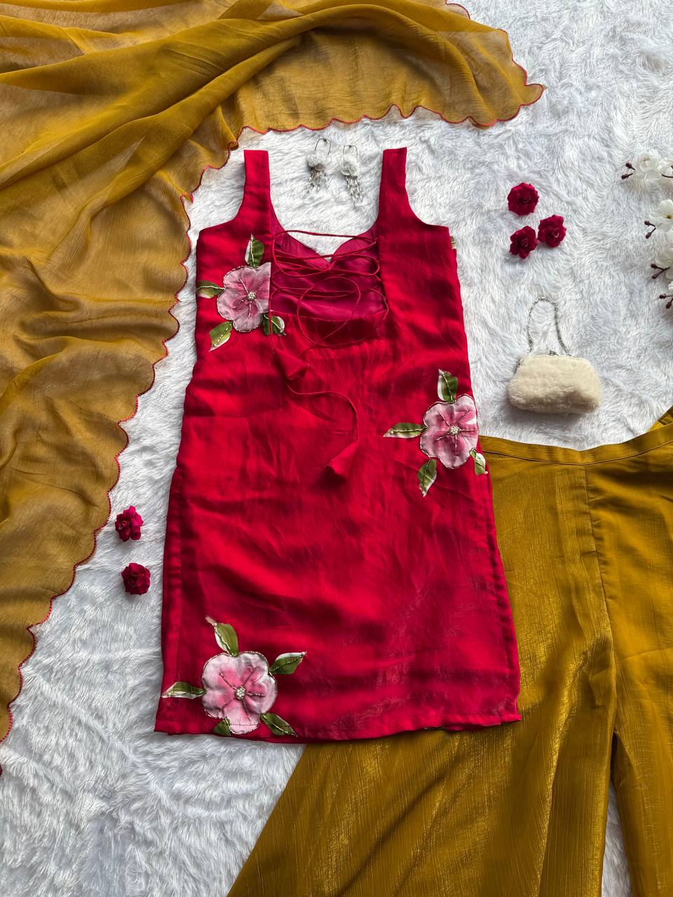 Wedding Wear Mustard Color Hand Painted Fendy Silk Palazzo Set