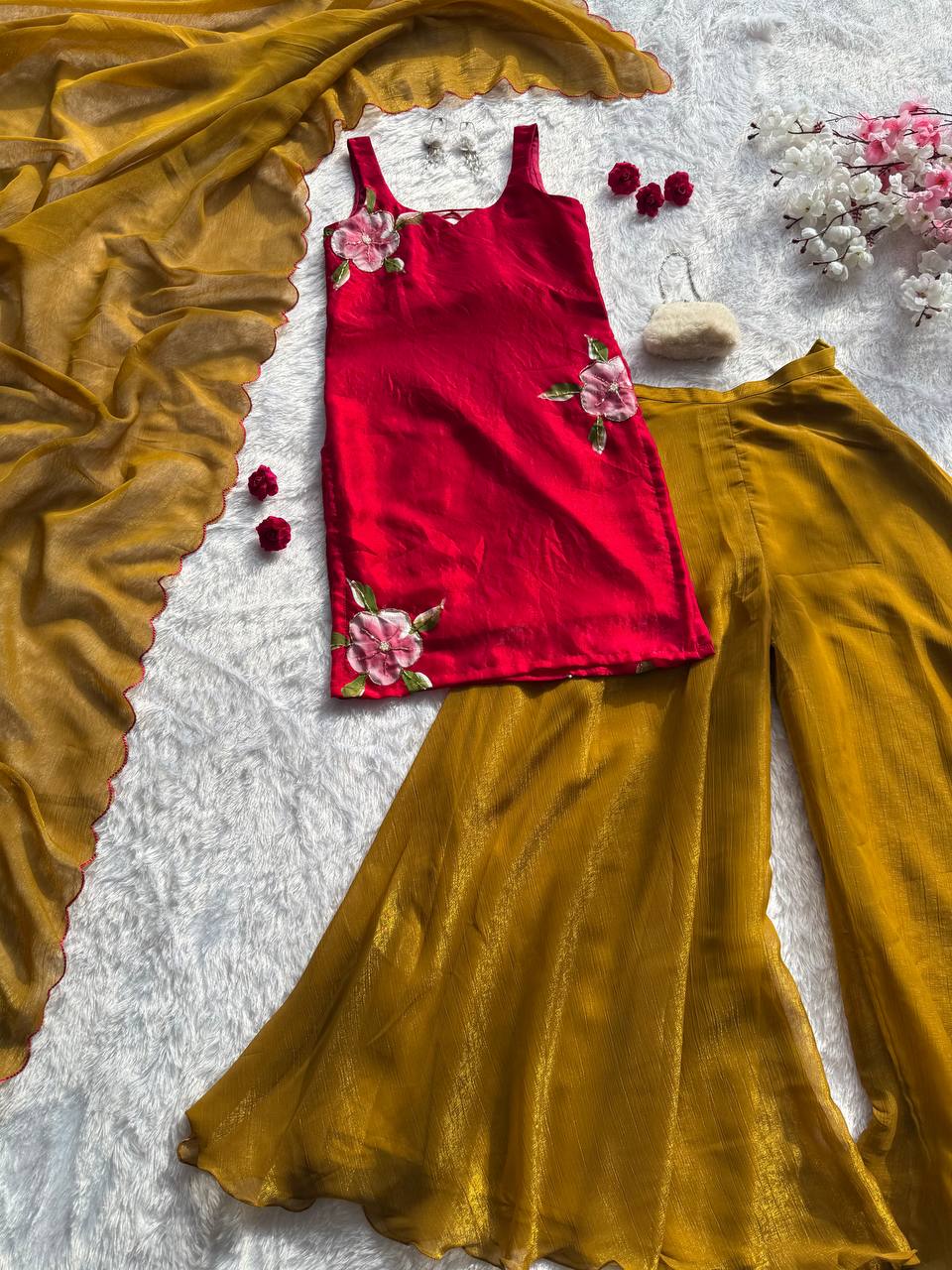 Wedding Wear Mustard Color Hand Painted Fendy Silk Palazzo Set