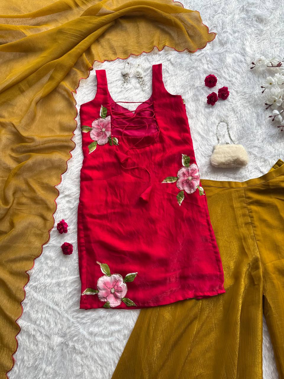 Wedding Wear Mustard Color Hand Painted Fendy Silk Palazzo Set