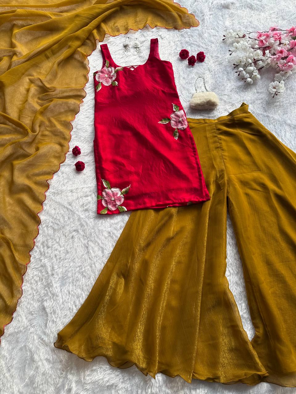 Wedding Wear Mustard Color Hand Painted Fendy Silk Palazzo Set