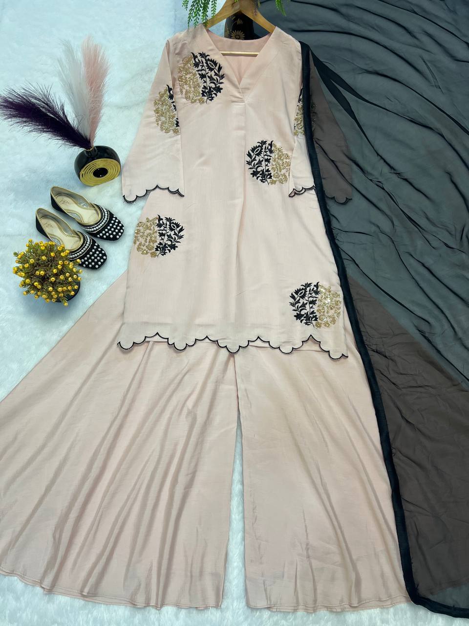 Party Wear Cream Color Pure Heavy Roman Silk 3-Piece Palazzo Suit