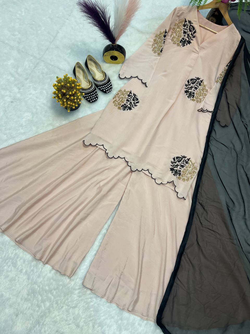 Party Wear Cream Color Pure Heavy Roman Silk 3-Piece Palazzo Suit