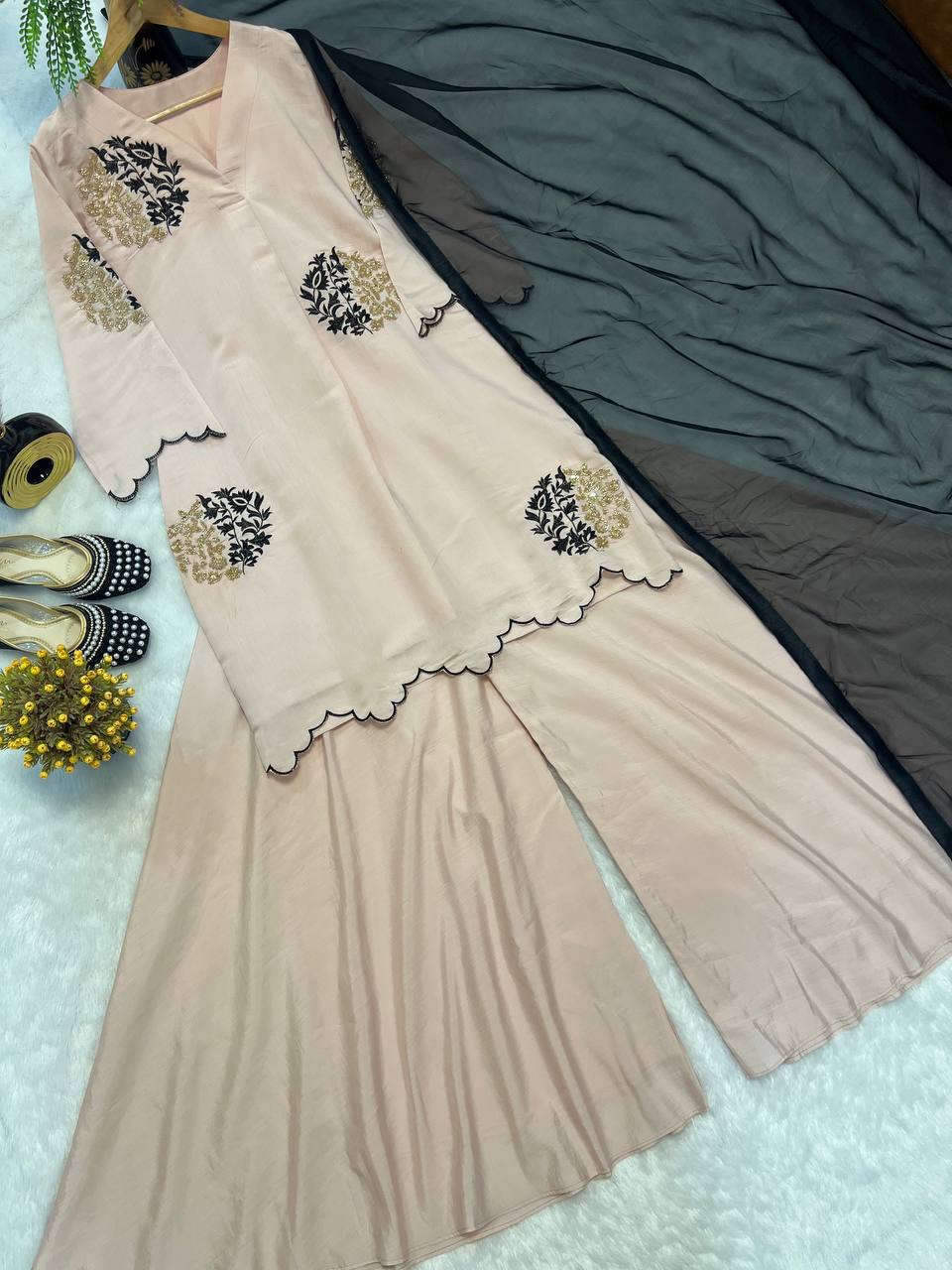 Party Wear Cream Color Pure Heavy Roman Silk 3-Piece Palazzo Suit