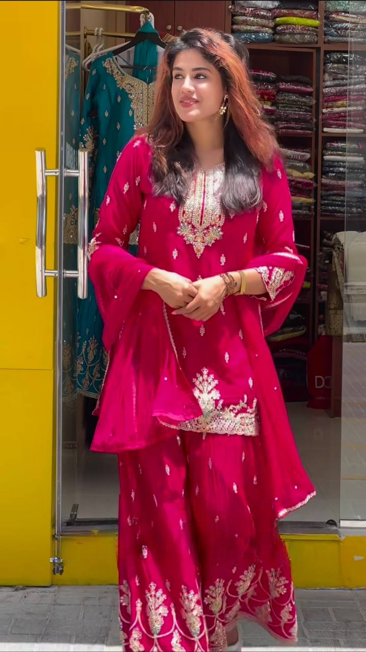 Bollywood Style Heavy chinon silk Material With Sequence Embroidery Work Sharara Suit