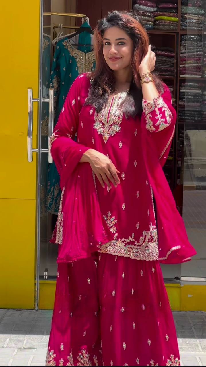 Bollywood Style Heavy chinon silk Material With Sequence Embroidery Work Sharara Suit
