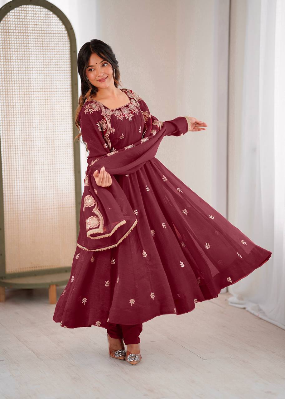 Neha's Wear Maroon Color Crunchy Silk Sequence Anarkali Suit Set