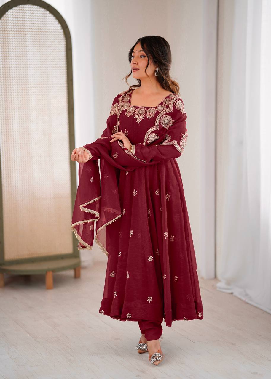 Neha's Wear Maroon Color Crunchy Silk Sequence Anarkali Suit Set