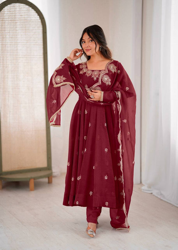 Neha's Wear Maroon Color Crunchy Silk Sequence Anarkali Suit Set