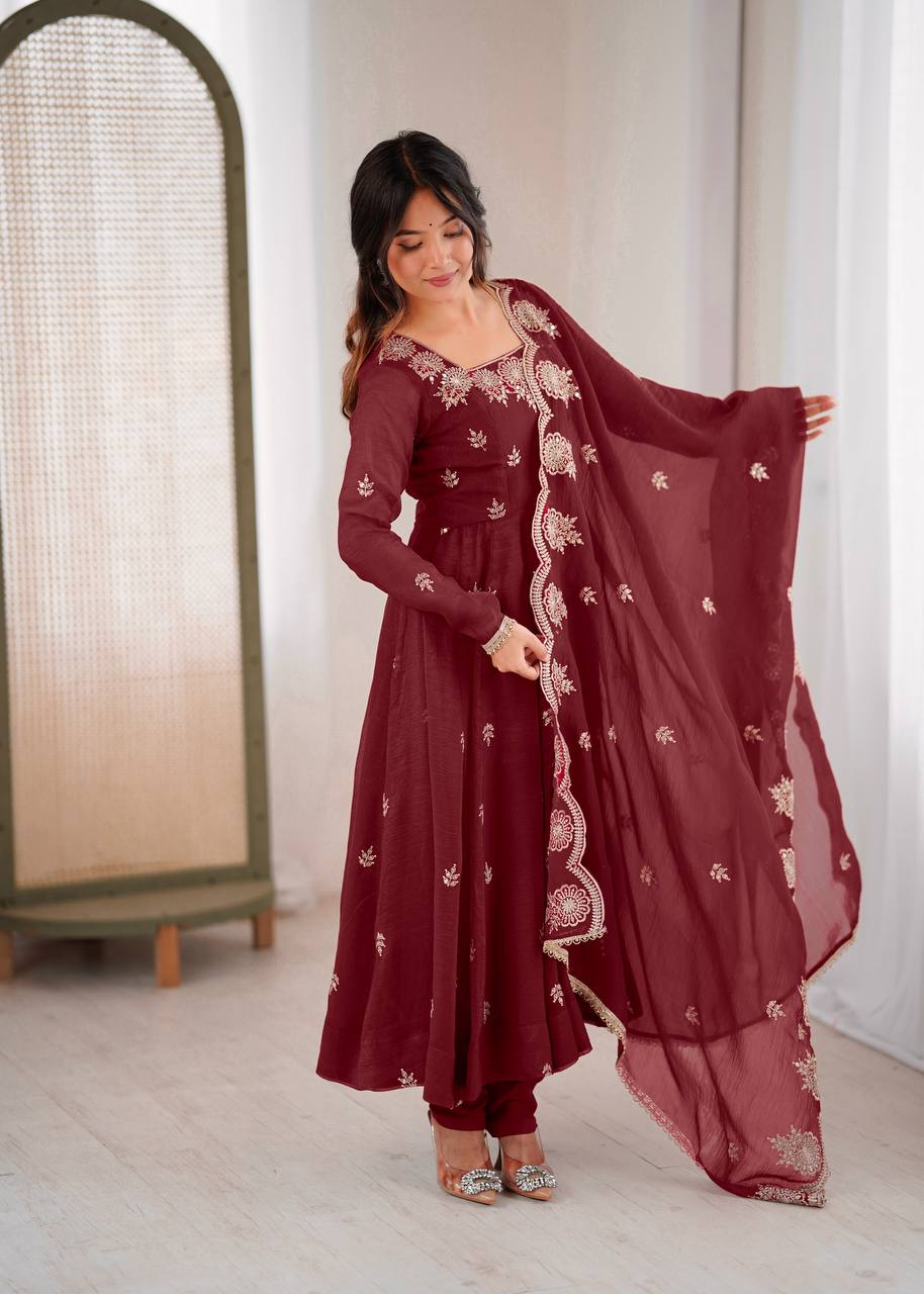 Neha's Wear Maroon Color Crunchy Silk Sequence Anarkali Suit Set