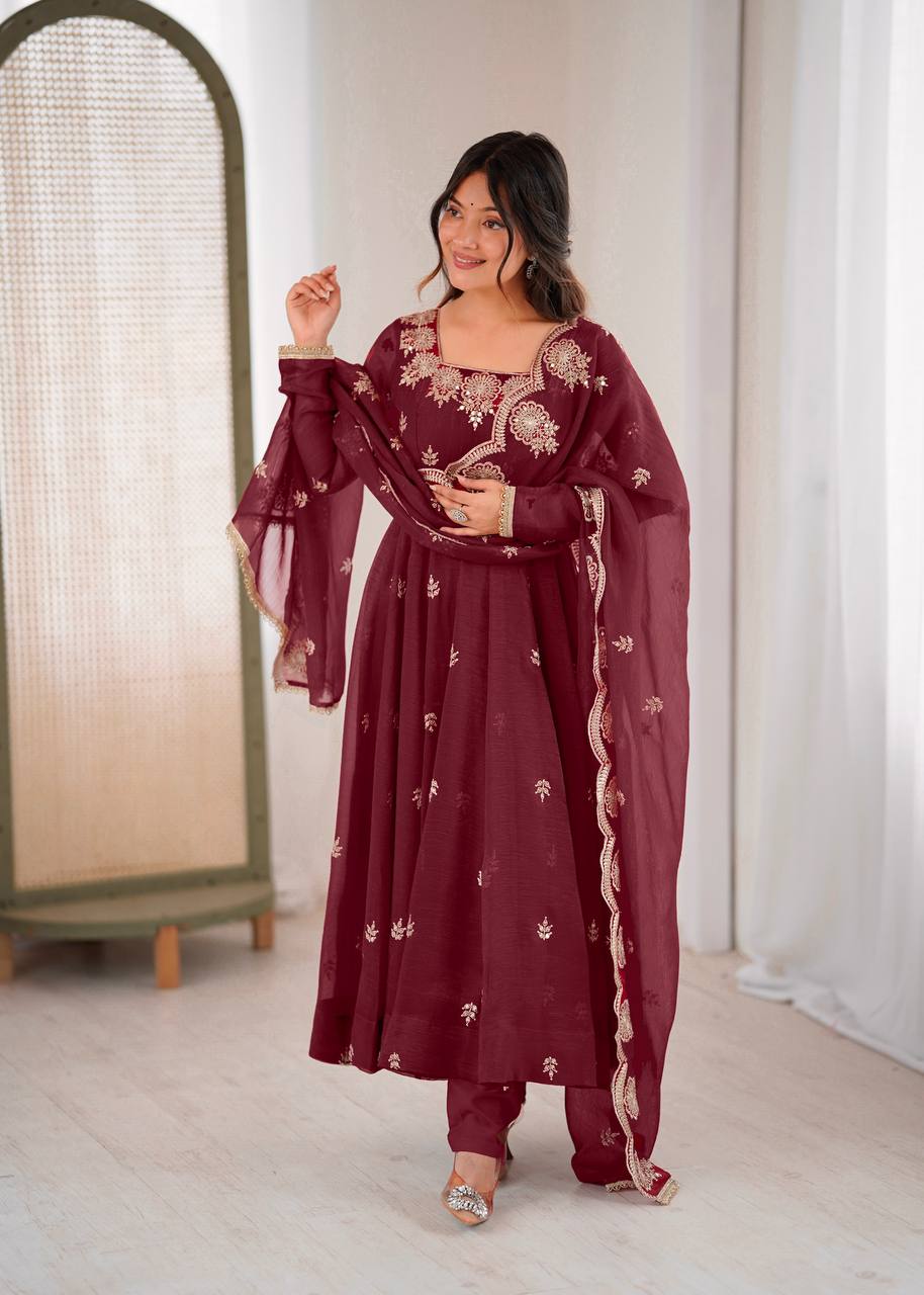 Neha's Wear Maroon Color Crunchy Silk Sequence Anarkali Suit Set