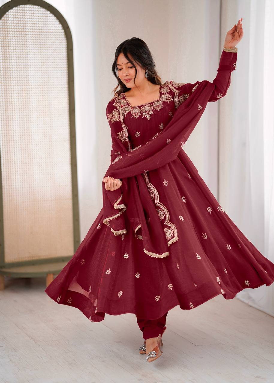 Neha's Wear Maroon Color Crunchy Silk Sequence Anarkali Suit Set